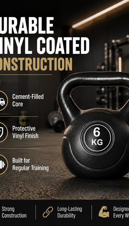Vinyl Kettlebell Weight 4KG–20KG, Cast Iron Strength Training Equipment with Wide Grip Handle & Stable Flat Base, Free Weight for Home Gym, Squats, Swings and Full Body Workouts