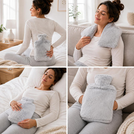 2L Hot Water Bottle with Soft Faux Fur Cover Light Grey Leakproof Winter Warmer Long Lasting Heat Pain Relief for Back, Neck & Period Cramps