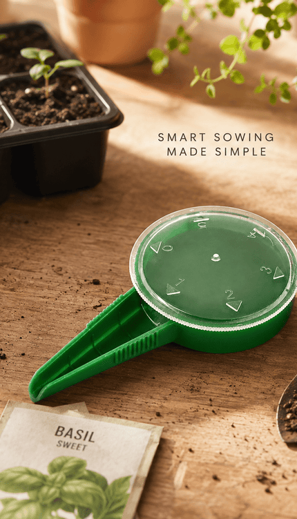Seed Sower Dispenser with 5 Adjustable Dial Settings, Handheld Garden Seeder Spreader for Flower, Grass, Vegetable and Small Seeds, Easy Planting Tool