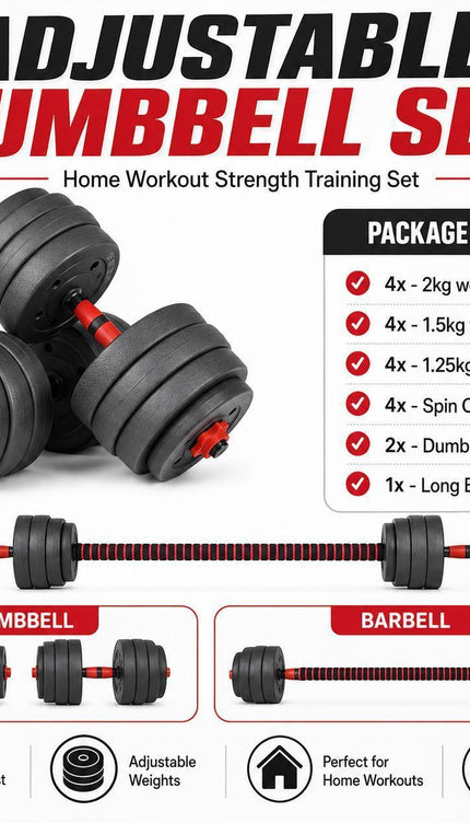 20kg 6-in-1 Adjustable Dumbbell Barbell & Kettlebell Set