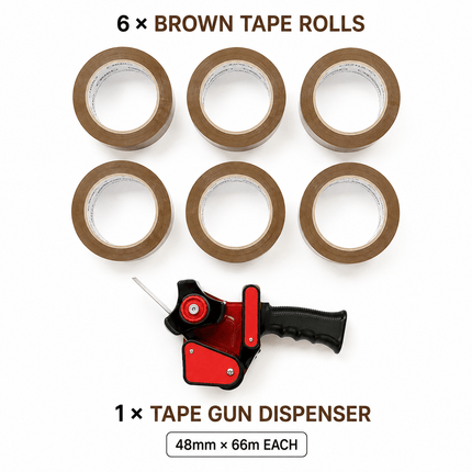 6 Rolls Brown Packing Tape with Tape Gun Dispenser 48mm x 66m, Parcel Sealing Tape for Boxes, Moving, Shipping and Packaging