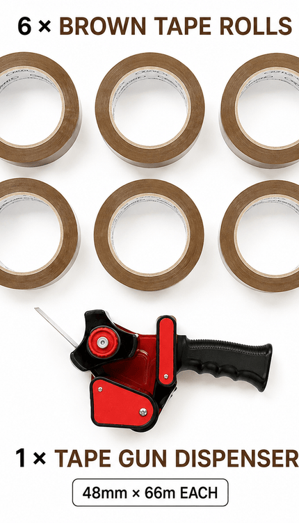 Brown Packing Tape with Tape Gun Dispenser – 6 Rolls, 48mm × 66m