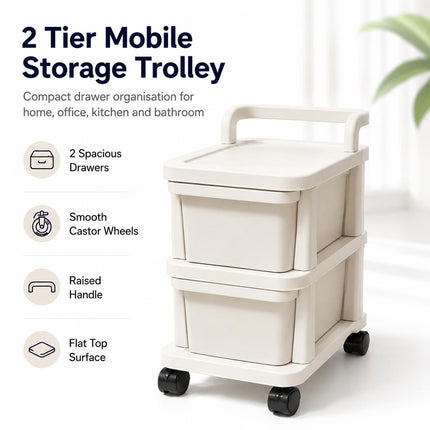 2 Tier Mobile Drawer Cabinet Storage Trolley Plastic with Castor Wheels for Home Office Kitchen and Bathroom