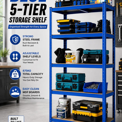 5-Tier Storage Rack with Adjustable Shelves Galvanized Steel Frame BLUE SILVER