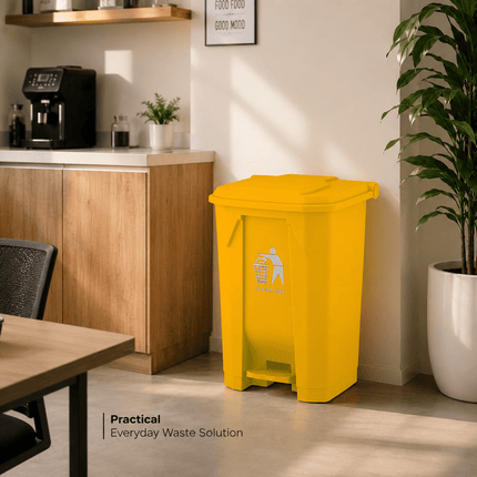 80L Yellow Pedal Dustbin with Lid, Large Plastic Waste Bin, Hands-Free Foot Pedal Trash Can, PP5 Rubbish Container for Kitchen, Office, Bathroom & Workplace