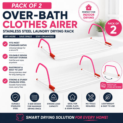 Foldable Over Bath Clothes Airer – 5-Bar Stainless Steel Laundry Drying Rack for Indoor Clothes Drying