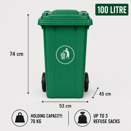 100L Green Wheelie Bin with Lid and Rubber Wheels, Heavy Duty HDPE Wheeled Refuse Bin for Household, Garden, Garage and Workplace Waste, 74 × 53 × 45 cm