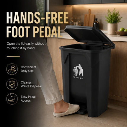 80L Pedal Bin with Lid, Large Black Plastic Kitchen Rubbish Bin for Home, Office, Bathroom and Workspace Waste