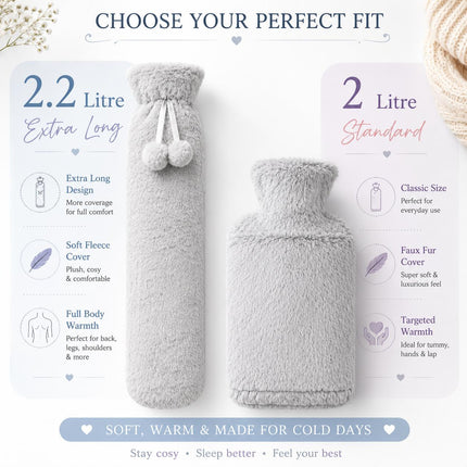Hot Water Bottle 2L & Extra Long 2.2L with Soft Faux Fur Fleece Cover Reusable Winter Bed Warmer for Neck, Back, Stomach, Hands & Feet  Drinkware Portable Bottle