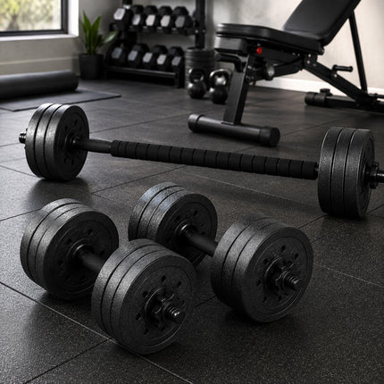 30KG Adjustable Dumbbell & Barbell Set with 40cm Bars, Connecting Rod & Weight Plates