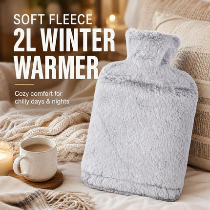 Hot Water Bottle 2L & Extra Long 2.2L with Soft Faux Fur Fleece Cover Reusable Winter Bed Warmer for Neck, Back, Stomach, Hands & Feet  Drinkware Portable Bottle