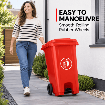 120L Red Outdoor Wheelie Bin with Lid, Heavy Duty HDPE Waste Rubbish Dustbin with Rubber Wheel