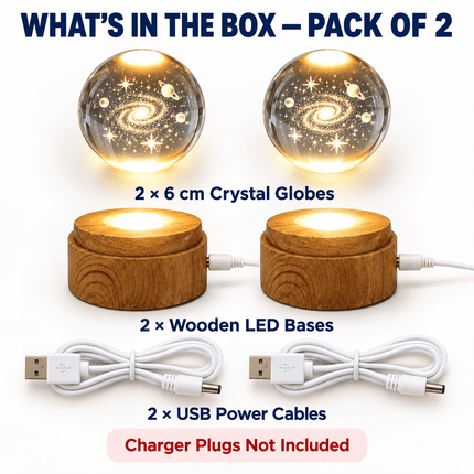 3D Tree of Life Crystal Ball LED Decorative Lamp, 6cm Glass Globe with 360° Rotating Wooden-Effect Base, Warm White USB Powered Ornament, Pack of 2