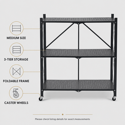 3 Tier Folding Storage Shelf Rack with Wheels, Freestanding Black Metal Shelving Unit, Foldable Mobile Organiser for Kitchen, Living Room, Bedroom, Office and Utility Room, Medium Size