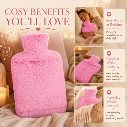 2L Hot Water Bottle with Soft Faux Fur Cover Pink Leakproof Warm Water Bottle Winter Warmer Heat Therapy for Back Pain, Period Cramps & Muscle Relief