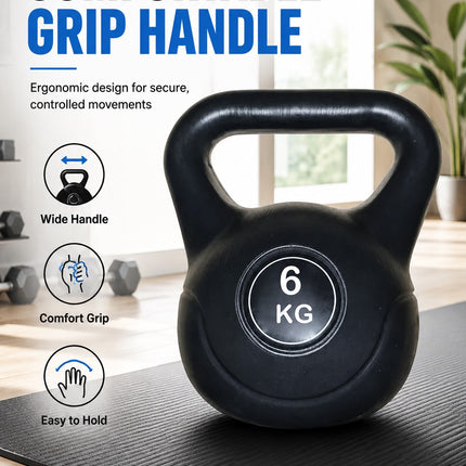 Vinyl Kettlebell Weight 4KG–20KG, Cast Iron Strength Training Equipment with Wide Grip Handle & Stable Flat Base, Free Weight for Home Gym, Squats, Swings and Full Body Workouts