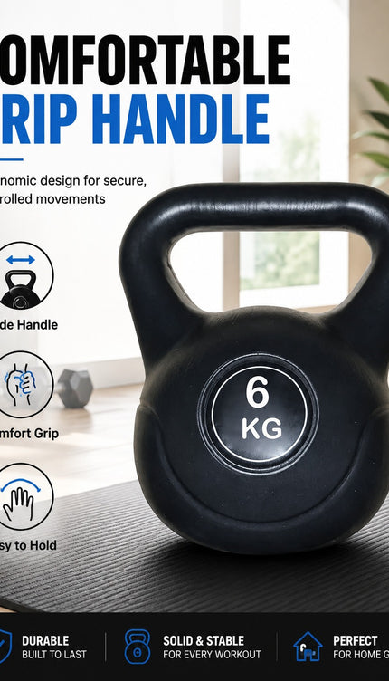 Vinyl Kettlebell Weight 4KG–20KG, Cast Iron Strength Training Equipment with Wide Grip Handle & Stable Flat Base, Free Weight for Home Gym, Squats, Swings and Full Body Workouts