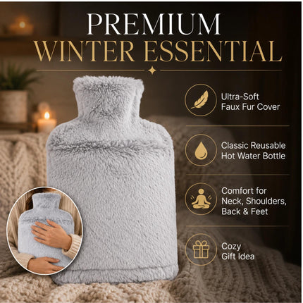 2L Hot Water Bottle with Soft Faux Fur Cover Light Grey Leakproof Winter Warmer Long Lasting Heat Pain Relief for Back, Neck & Period Cramps