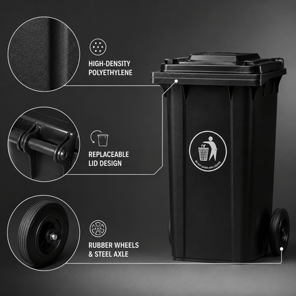 100L Black Wheelie Bin with Lid, Rubber Wheels and Push Handle, Heavy Duty HDPE Wheeled Rubbish Bin for Household, Garden, Garage and Workplace Waste