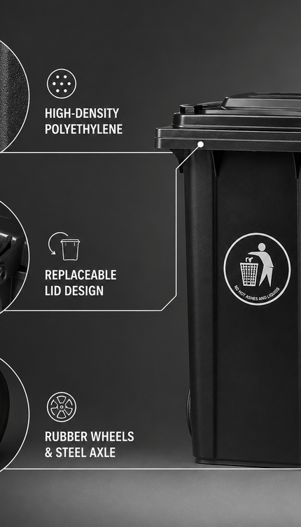 100L Black Wheelie Bin with Lid, Rubber Wheels and Push Handle