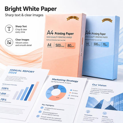 A4 Multipurpose Printer Paper White 70GSM 80GSM 500 Sheets 1 Ream Copy Paper for Inkjet Laser Copier Home Office School Printing
