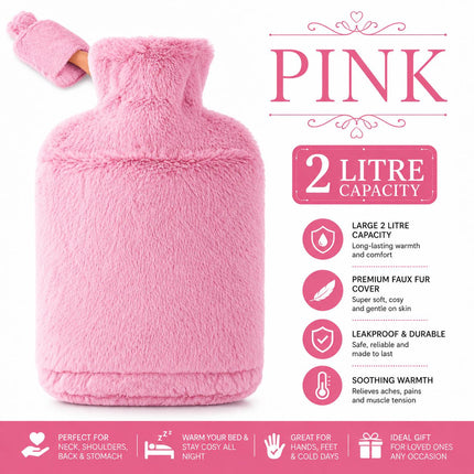 2L Hot Water Bottle with Luxury Faux Fur Cover & Hand Warmer Pocket, Soft Winter Heat Bag with Secure Screw Cap for Bed, Sofa, Back, Tummy, Hands & Feet – Pink, Dark Grey, Light Grey