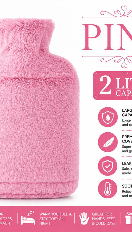 2L Hot Water Bottle with Faux Fur Cover & Hand Warmer Pocket