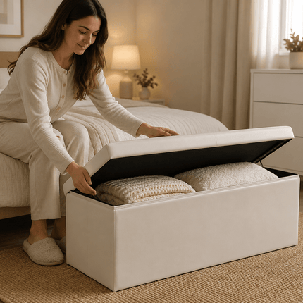 Folding Storage Box Faux Leather Home Footstool Ottoman Seat Stool Storage Box for Bedroom Living Room Toy Clothes Blanket Organisation