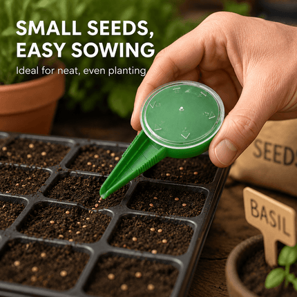 Seed Sower Dispenser with 5 Adjustable Dial Settings, Handheld Garden Seeder Spreader for Flower, Grass, Vegetable and Small Seeds, Easy Planting Tool