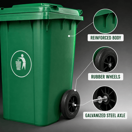 100L Green Wheelie Bin with Lid and Rubber Wheels, Heavy Duty HDPE Wheeled Refuse Bin for Household, Garden, Garage and Workplace Waste, 74 × 53 × 45 cm