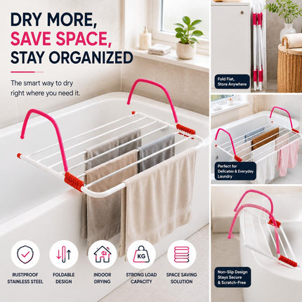 Foldable Over Bath Clothes Airer – 5-Bar Stainless Steel Laundry Drying Rack for Indoor Clothes Drying