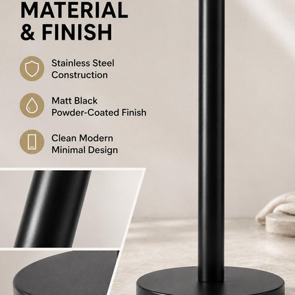 Kitchen Roll Holder Pack of 2 Free Standing Matt Black Stainless Steel Paper Towel Stand Countertop Holder 31.8cm