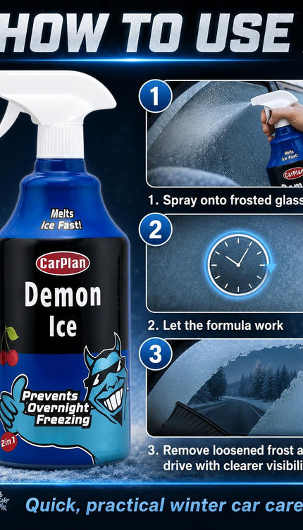 1L Car Demon Ice Spray Fast Acting Frost Ice Remover & Preventer for Frozen Windscreens Windows Cherry Scent Winter