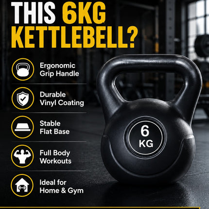 Vinyl Kettlebell Weight 4KG–20KG, Cast Iron Strength Training Equipment with Wide Grip Handle & Stable Flat Base, Free Weight for Home Gym, Squats, Swings and Full Body Workouts