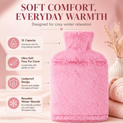 2L Hot Water Bottle with Soft Faux Fur Cover Pink Leakproof Warm Water Bottle Winter Warmer Heat Therapy for Back Pain, Period Cramps & Muscle Relief