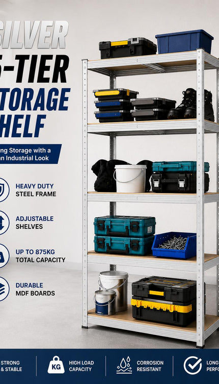 5-Tier Storage Rack with Adjustable Shelves Galvanized Steel Frame BLUE SILVER