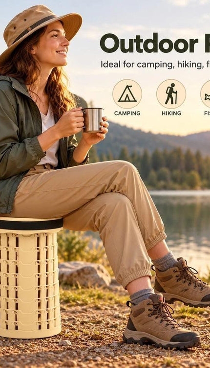 1pc Portable Telescopic Folding Stool, Adjustable Height Up to 45cm, Heavy Duty 250KG Capacity, Collapsible Retractable Camping Seat for Fishing, Hiking, Travel, Picnic, BBQ, Garden & Outdoor Activities, Beige