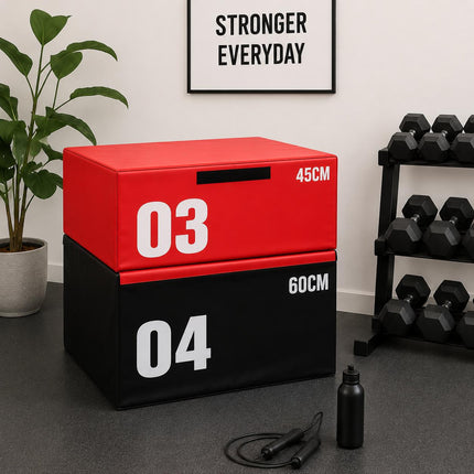 Plyometric Jump Box Set With Soft Foam Stackable Fitness Boxes for Home & Gym Adjustable Heights for Jumps Step-Ups and More Safe Non-Slip PVC Multi-Functional Exercise Equipment