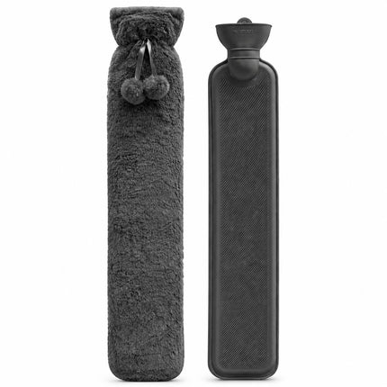 Extra Long 2.2L Hot Water Bottle with Soft Fleece Cover – Dark Grey Neck, Back & Body Pain Relief Leakproof Hot Water Bag