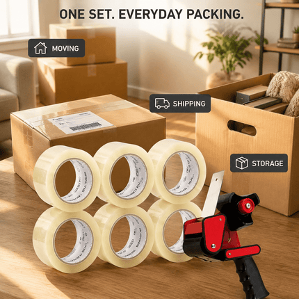 Packing Tape with Dispenser Gun, 6 Rolls 48mm x 66m Strong Parcel Tape for Boxes, Cartons, Moving, Shipping & Storage, Clear
