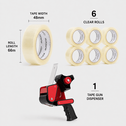 Packing Tape with Dispenser Gun, 6 Rolls 48mm x 66m Strong Parcel Tape for Boxes, Cartons, Moving, Shipping & Storage, Clear