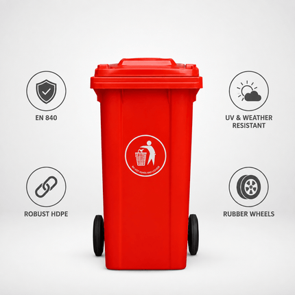 100L Red Wheelie Bin with Lid and Rubber Wheels, Heavy Duty HDPE Outdoor Refuse Waste Bin, 74 x 53 x 45 cm, for Home, Flat, Garage and Workplace