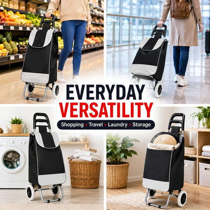 Shopping Trolley 35L Folding Lightweight 2 Wheel Cart with Large Waterproof Bag for Groceries Travel and Storage Black