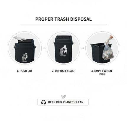 Large Plastic Swing Lid Trash Can Bin – Black Push Top Kitchen Rubbish & Recycling Waste Dustbin for Home, Office or Utility Room