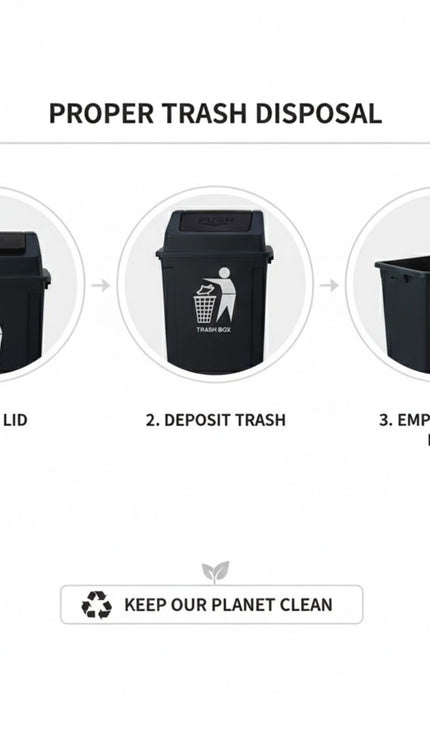 Large Plastic Swing Lid Trash Can Bin – Black Push Top Kitchen Rubbish & Recycling Waste Dustbin for Home, Office or Utility Room