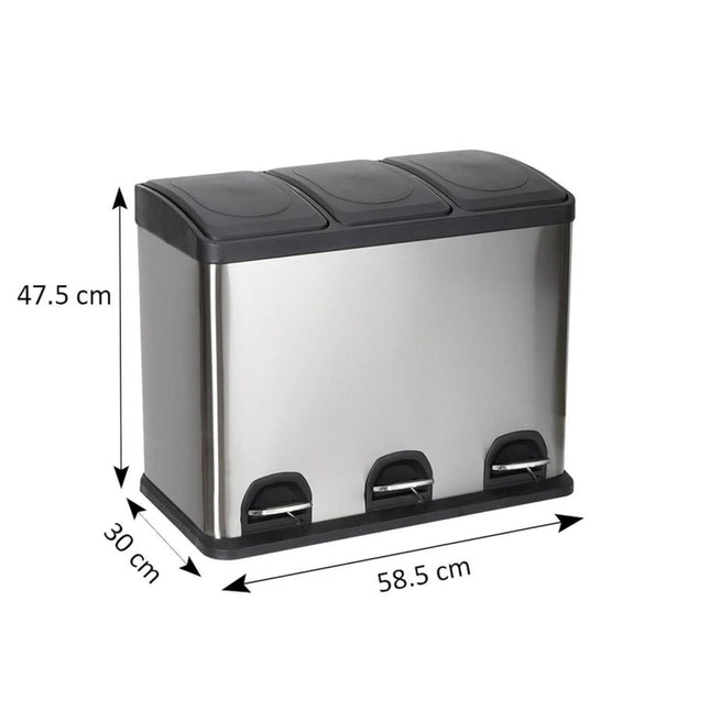 45L Stainless Steel Triple Compartment Pedal Bin – 3x15L Recycling Waste Bin
