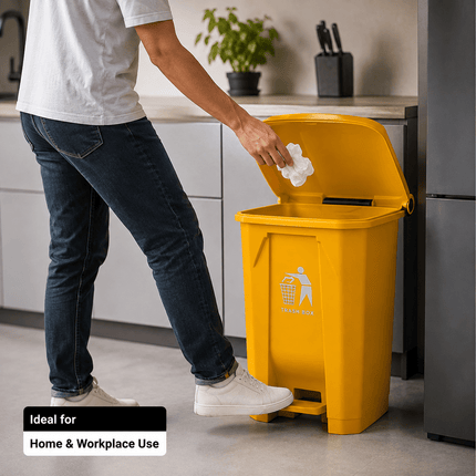 80L Yellow Pedal Dustbin with Lid, Large Plastic Waste Bin, Hands-Free Foot Pedal Trash Can, PP5 Rubbish Container for Kitchen, Office, Bathroom & Workplace