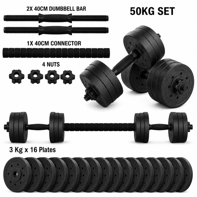 50KG Adjustable Dumbbell & Barbell Set with Connecting Rod, Weight Plates