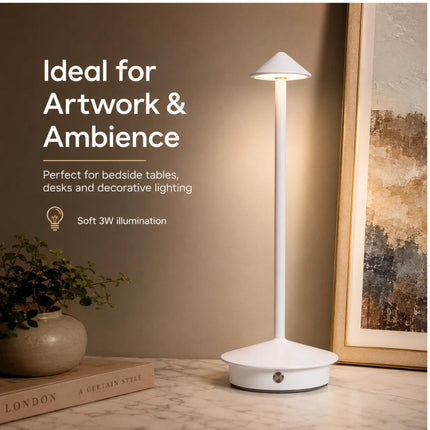 White Cordless LED Table Lamp USB-C Rechargeable Dimmable Metal Light 3 Colour Modes