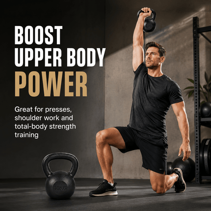 10kg Cast Iron Kettlebell, Black Strength Training Weight with Flat Base for Home Gym Workouts